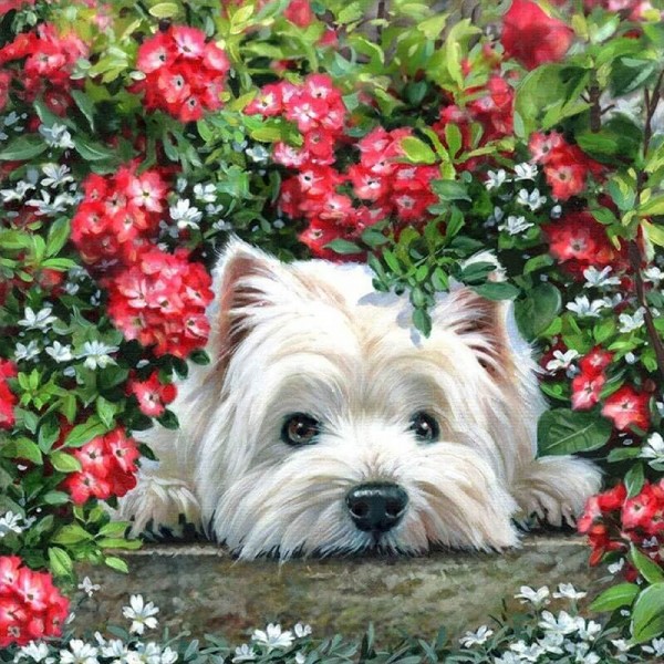 Hund unter Blumen