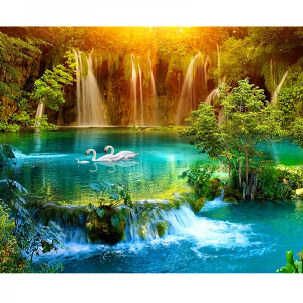 Wasserfall mit See und Schwänen